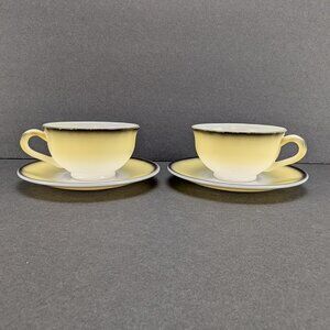 Vintage Hazel Atlas Milk Glass Teacups and Saucer Black Yellow Set of 2 Ovide